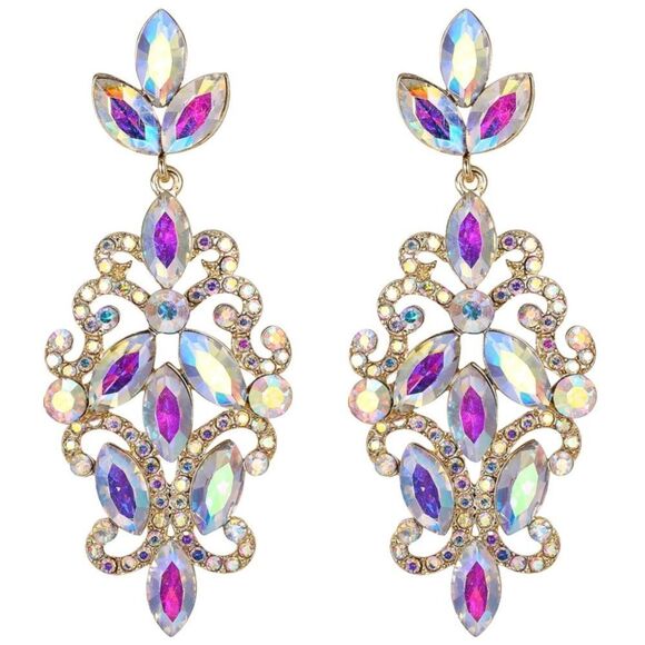 Yellow Gold with Iridescent AB Crystal Marquise Filigree Chandelier Earrings - Picture 1 of 5